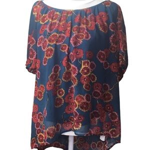 GF by geren ford floral printed blouse size Large hi low sheer short sleeve